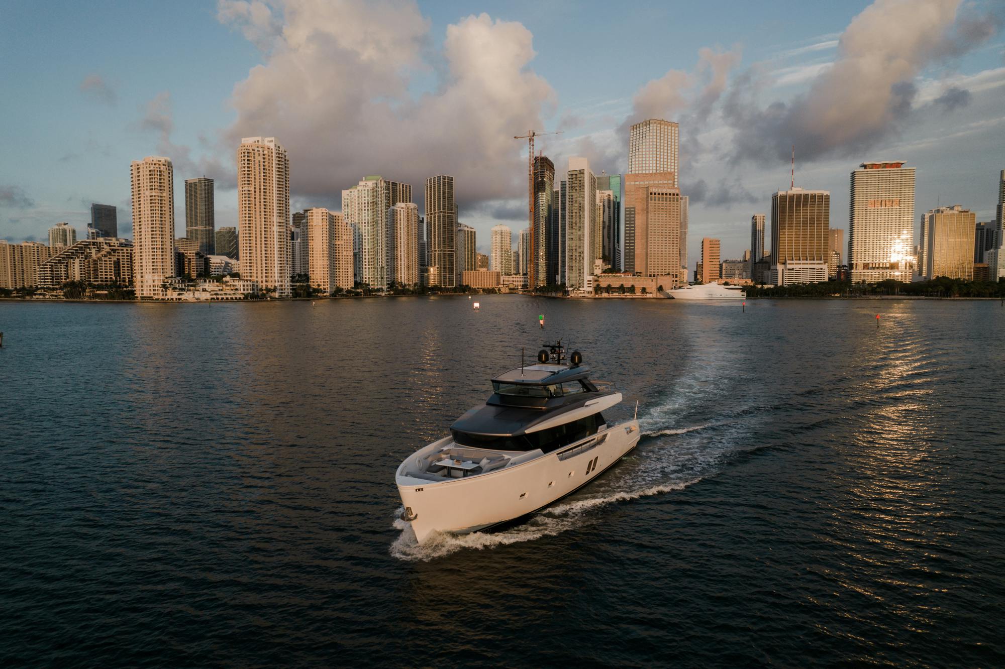 Aerial view of Quarantena yacht set against backdrop a bay of Miami
